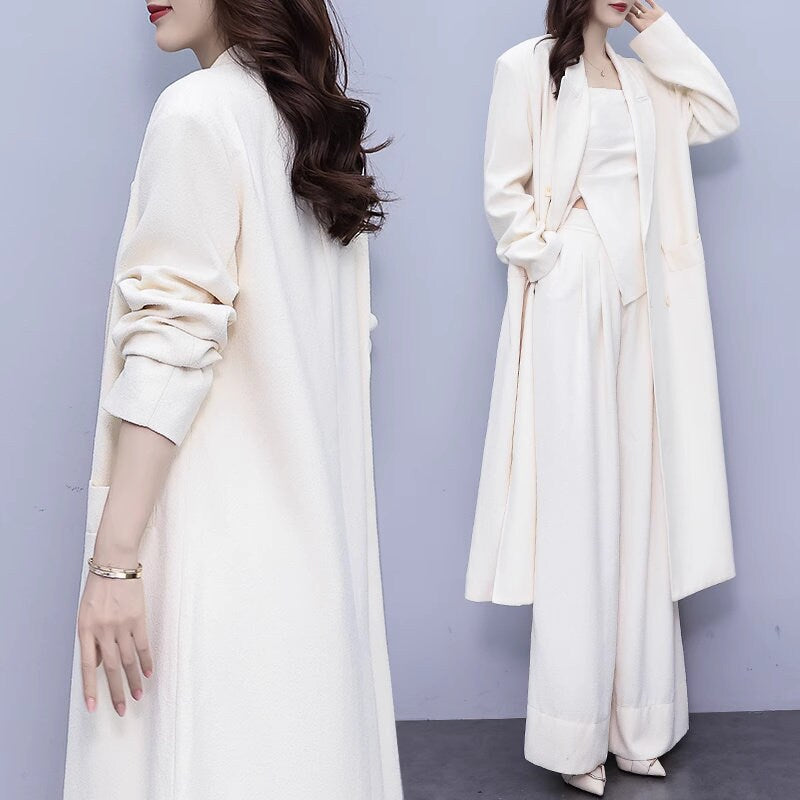 High-end milky white color lady pantsuit, designer women spring autumn long blazer + pants suit set wedding prom office