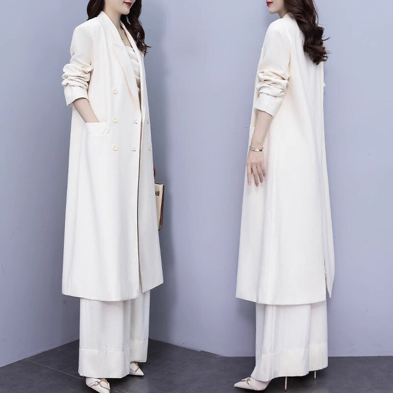 High-end milky white color lady pantsuit, designer women spring autumn long blazer + pants suit set wedding prom office