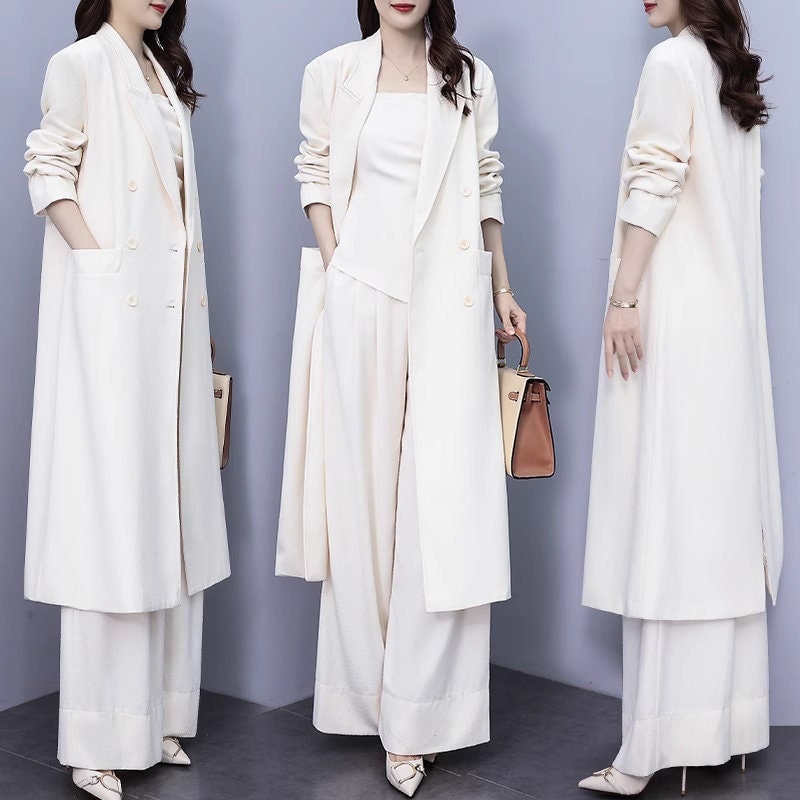 High-end milky white color lady pantsuit, designer women spring autumn long blazer + pants suit set wedding prom office