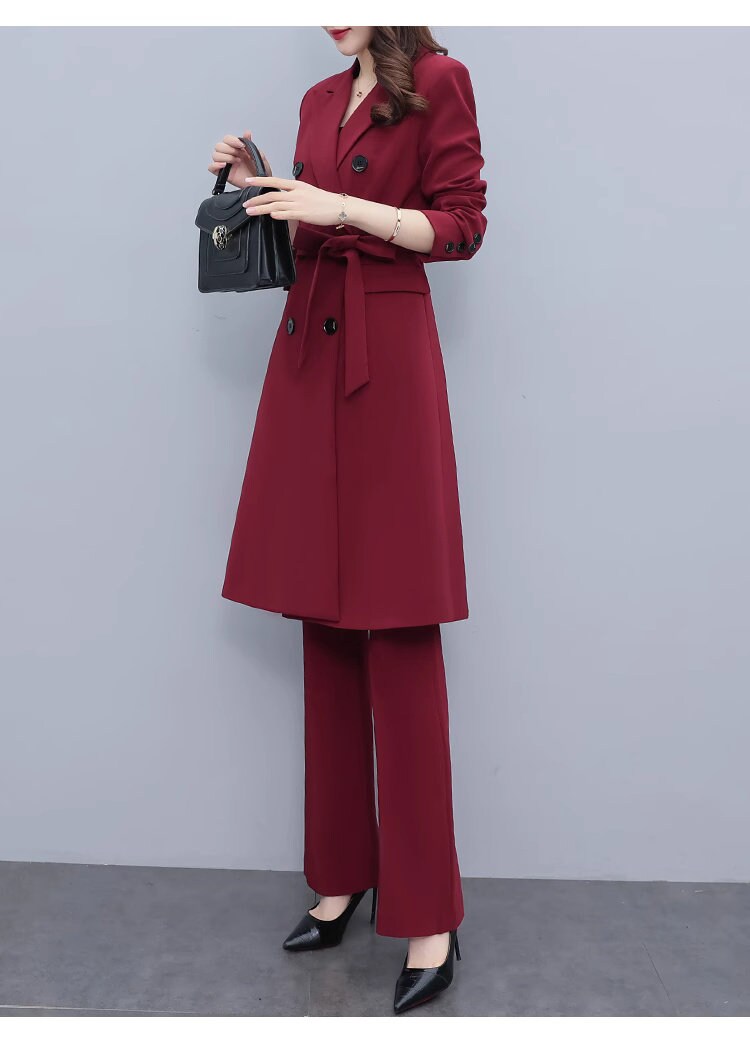 High-end wine red color lady pantsuit designer women spring autumn long blazer + pants suit set thin layer slim cut wedding prom office suit