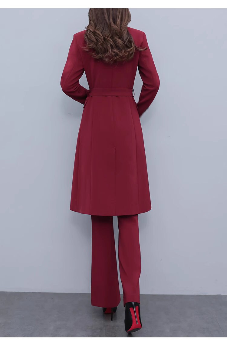 High-end wine red color lady pantsuit designer women spring autumn long blazer + pants suit set thin layer slim cut wedding prom office suit