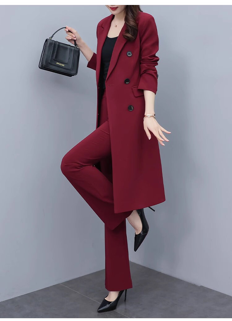 High-end wine red color lady pantsuit designer women spring autumn long blazer + pants suit set thin layer slim cut wedding prom office suit