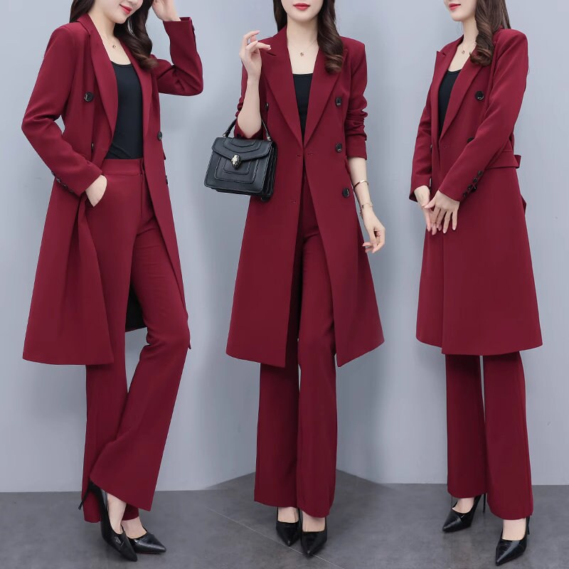 High-end wine red color lady pantsuit designer women spring autumn long blazer + pants suit set thin layer slim cut wedding prom office suit