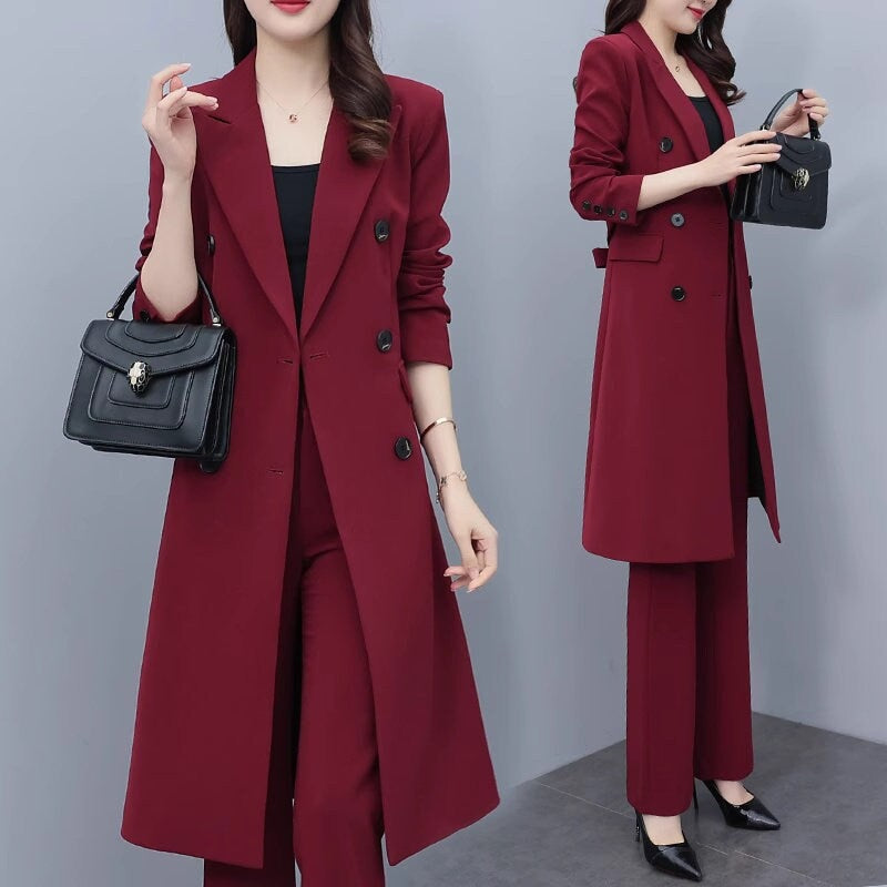 High-end wine red color lady pantsuit designer women spring autumn long blazer + pants suit set thin layer slim cut wedding prom office suit