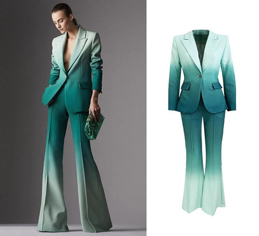 Women Luxury Green Gradient Color Blazer + Mid-High Rise Flare Trousers Pants Suit, Graduation, Wedding, Speech Day, Office, Formal Event