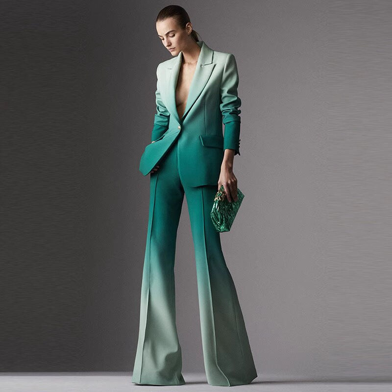 Women Luxury Green Gradient Color Blazer + Mid-High Rise Flare Trousers Pants Suit, Graduation, Wedding, Speech Day, Office, Formal Event