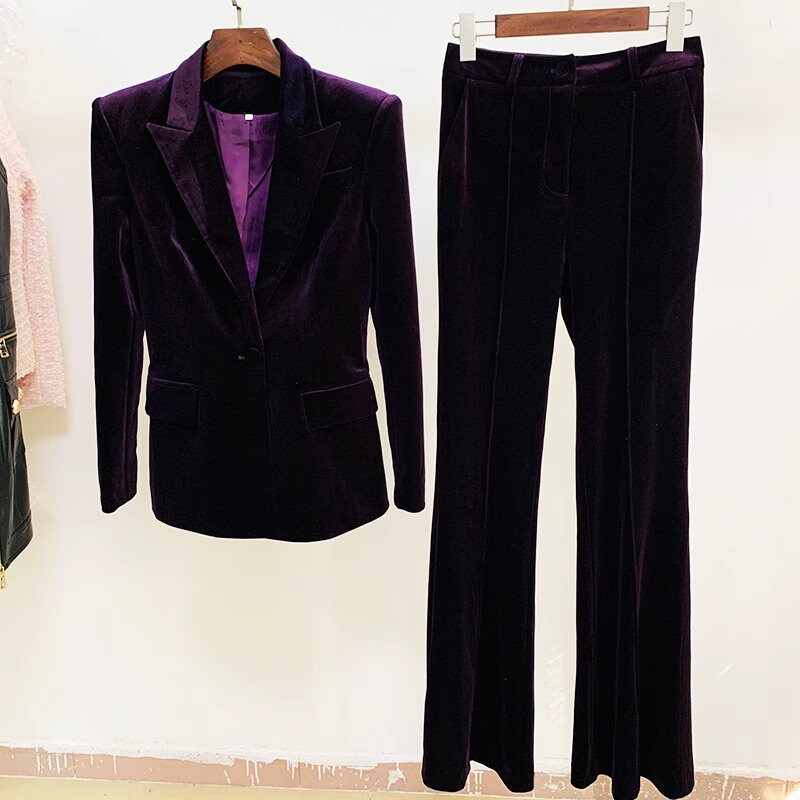 Women Velvet Brown/ Purple Blazer + Mid-High Rise Flare Trousers Pants Suit, Wedding Suit, Graduation, Speech Day, Birthday Party