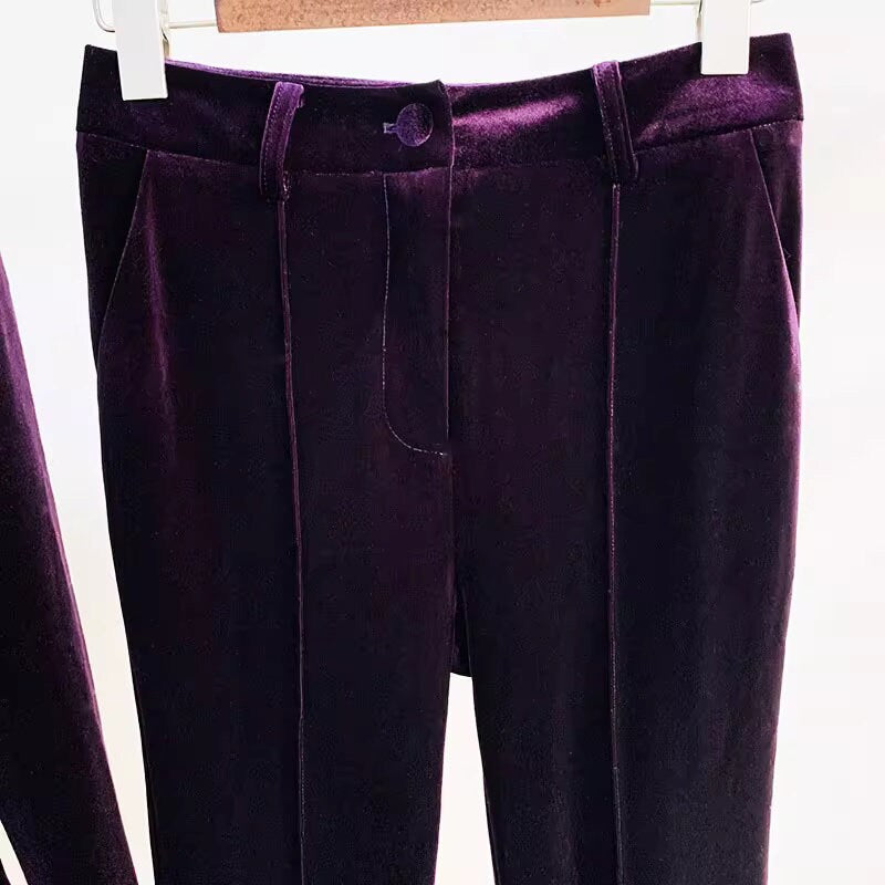 Women Velvet Brown/ Purple Blazer + Mid-High Rise Flare Trousers Pants Suit, Wedding Suit, Graduation, Speech Day, Birthday Party