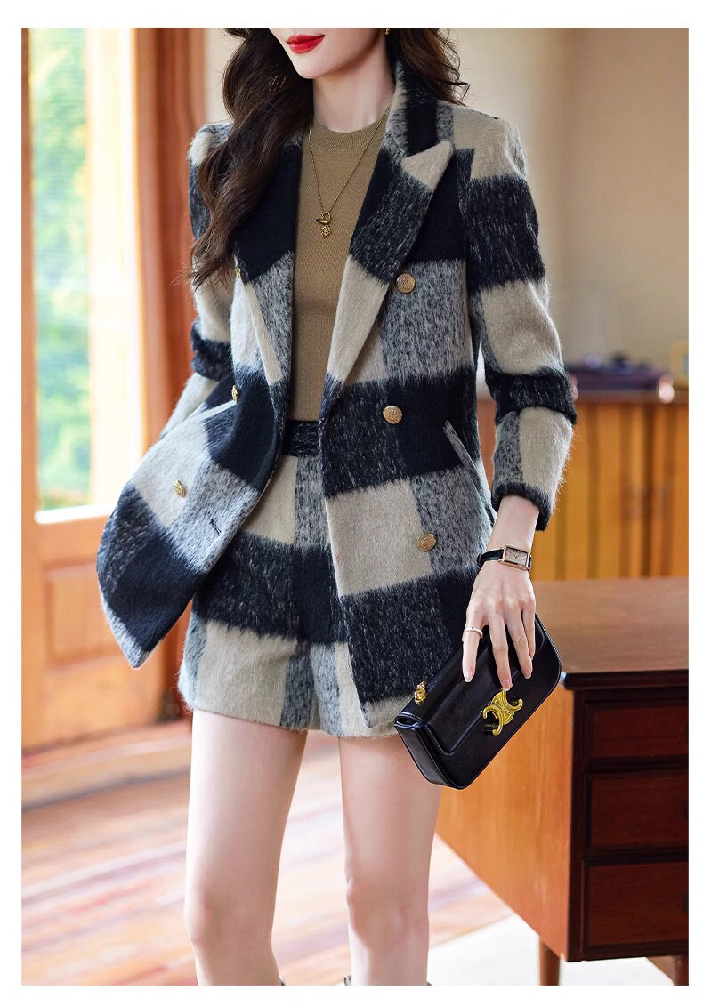 Pink/ Black striped fur layer blazer shorts, woman long sleeve suit set, wedding suit office formal wear smart casual