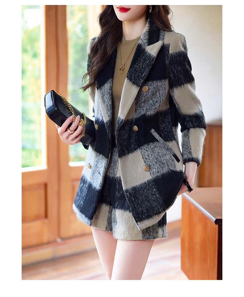 Pink/ Black striped fur layer blazer shorts, woman long sleeve suit set, wedding suit office formal wear smart casual