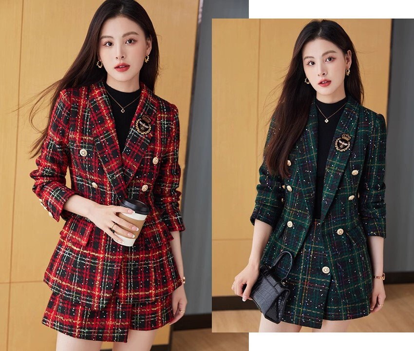 Red/ Green checkered blazer shorts, woman elegant long sleeve suit set, wedding suit office formal wear smart casual shorts set