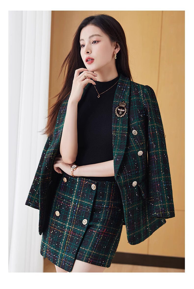 Red/ Green checkered blazer shorts, woman elegant long sleeve suit set, wedding suit office formal wear smart casual shorts set