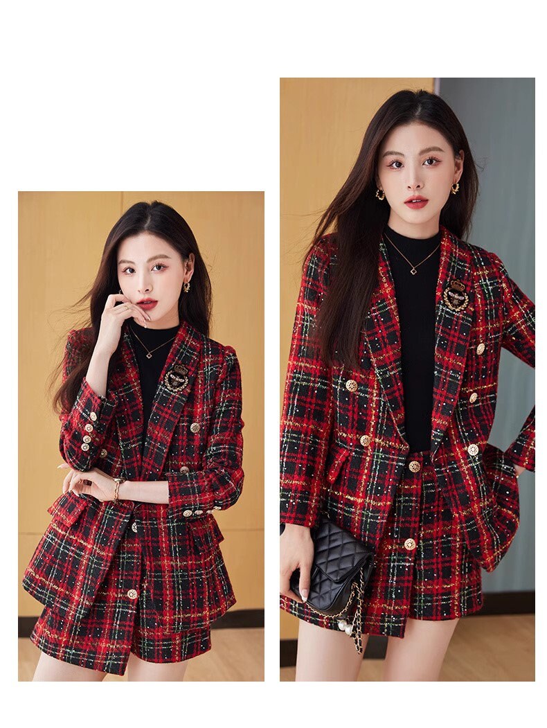 Red/ Green checkered blazer shorts, woman elegant long sleeve suit set, wedding suit office formal wear smart casual shorts set