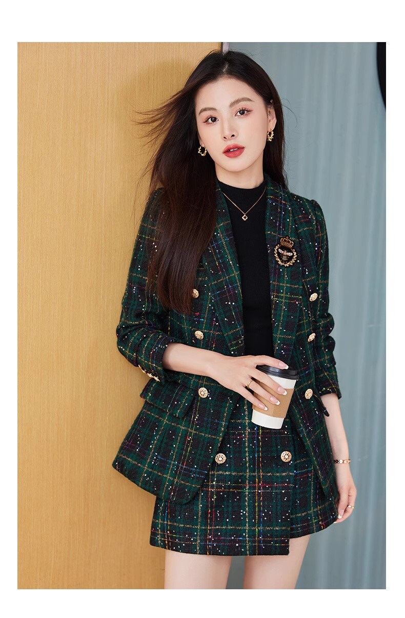 Red/ Green checkered blazer shorts, woman elegant long sleeve suit set, wedding suit office formal wear smart casual shorts set