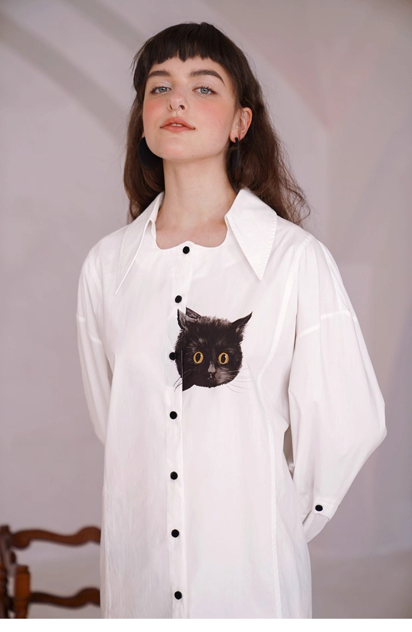 Black cat artwork blouse + Cat head tote bag, women white/ pink shirt in artistic shirt Smart Causal/ Formal/ Party Event/ Prom shirt