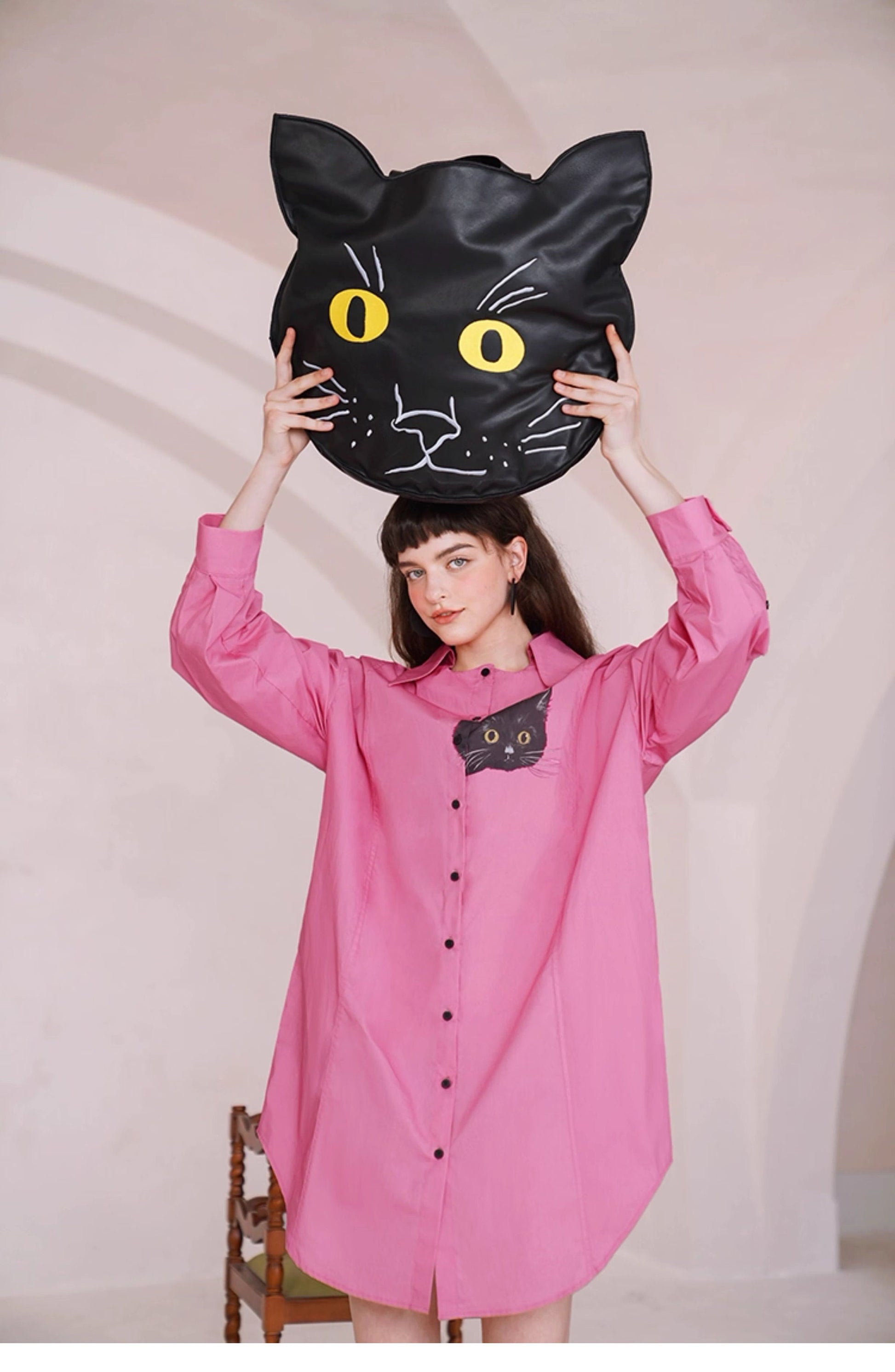 Black cat artwork blouse + Cat head tote bag, women white/ pink shirt in artistic shirt Smart Causal/ Formal/ Party Event/ Prom shirt