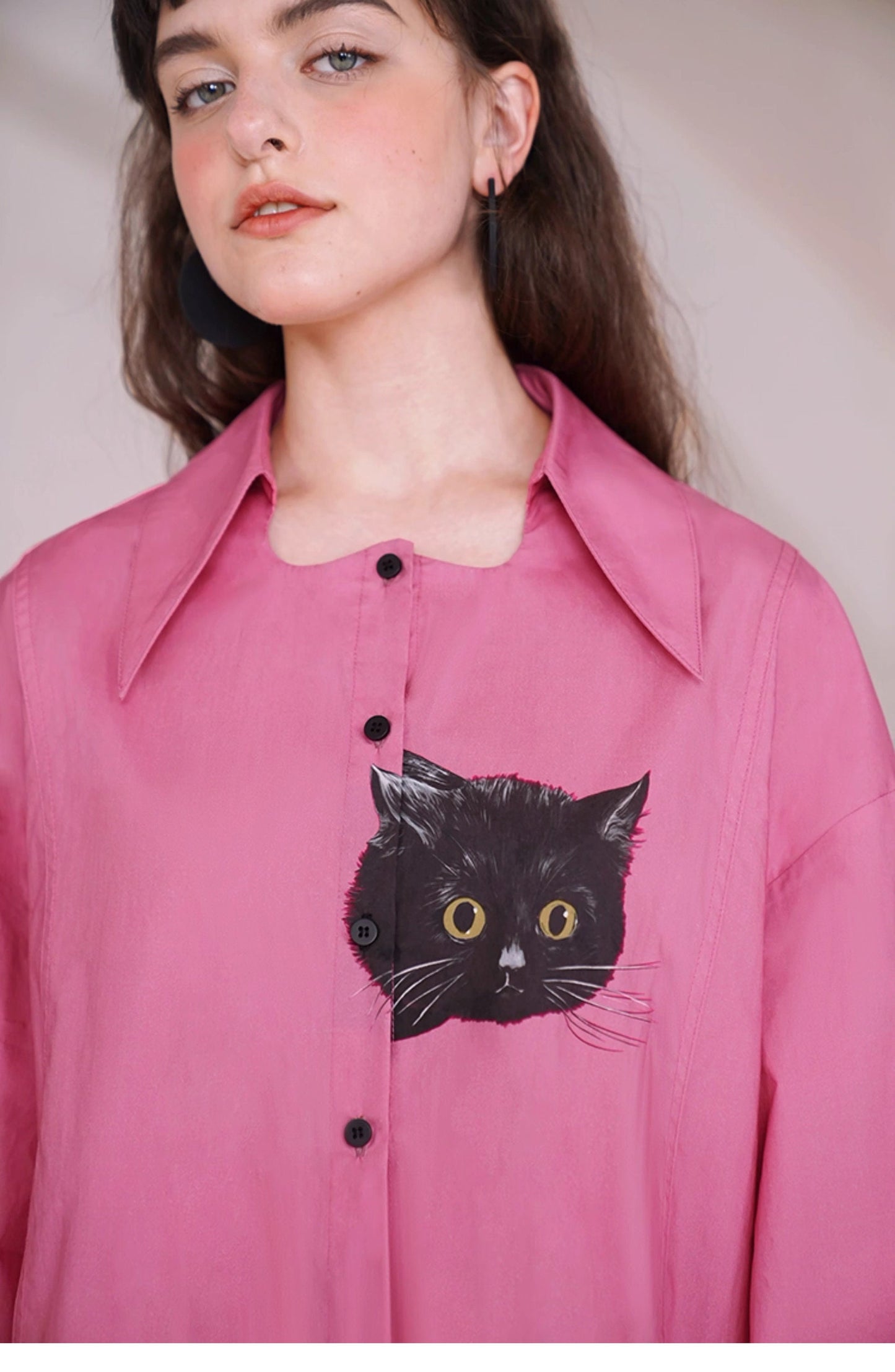 Black cat artwork blouse + Cat head tote bag, women white/ pink shirt in artistic shirt Smart Causal/ Formal/ Party Event/ Prom shirt