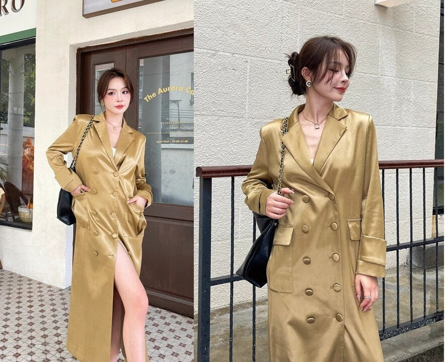 Gold Acetate long Trench Coat, Designer Woman Winter Falls Raincoat for Smart Casual/ Formal wear/Outdoors/ Office Duster