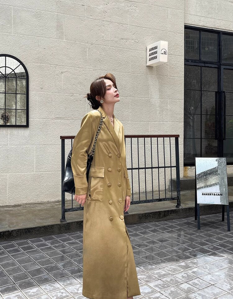 Gold Acetate long Trench Coat, Designer Woman Winter Falls Raincoat for Smart Casual/ Formal wear/Outdoors/ Office Duster