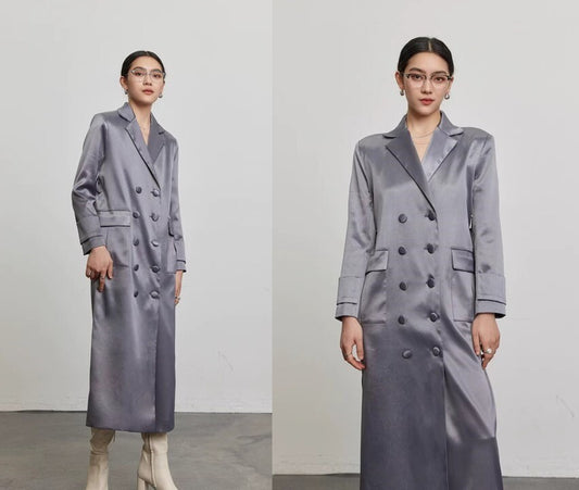 Silver Acetate long Trench Coat, Designer Woman Winter Falls Raincoat for Smart Casual/ Formal wear/Outdoors/ Office Duster