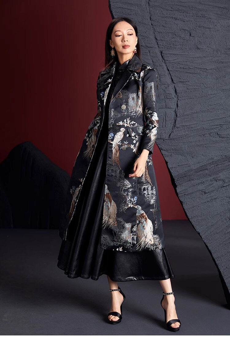 Women Floral Embroidery Birds Trench Coat, Subtle Pattern Deluxe Designer long coat duster Asian Style for Smart Casual/ Formal Event