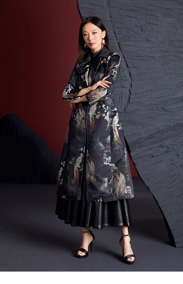 Women Floral Embroidery Birds Trench Coat, Subtle Pattern Deluxe Designer long coat duster Asian Style for Smart Casual/ Formal Event