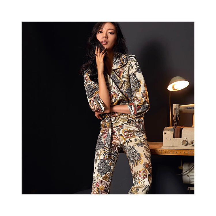 Women Golden Cranes Embroidery Suit Set, Pattern Deluxe Designer Suit Jacket & Pants Asian Style for Smart Casual/ Formal Event