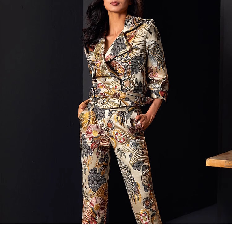 Women Golden Cranes Embroidery Suit Set, Pattern Deluxe Designer Suit Jacket & Pants Asian Style for Smart Casual/ Formal Event