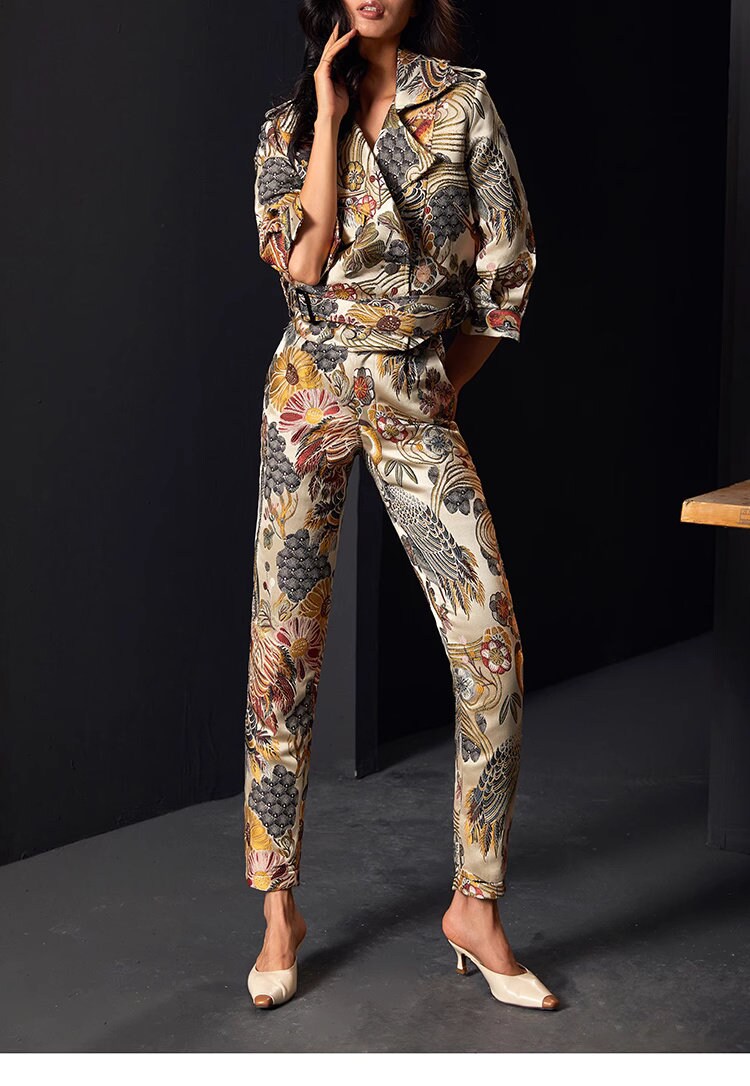 Women Golden Cranes Embroidery Suit Set, Pattern Deluxe Designer Suit Jacket & Pants Asian Style for Smart Casual/ Formal Event