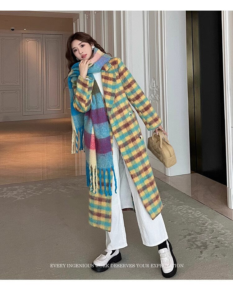 Double-breasted checkered trench coat, wool-blend tweed long coat designer winter falls coat formal smart casual office coat outdoors duster