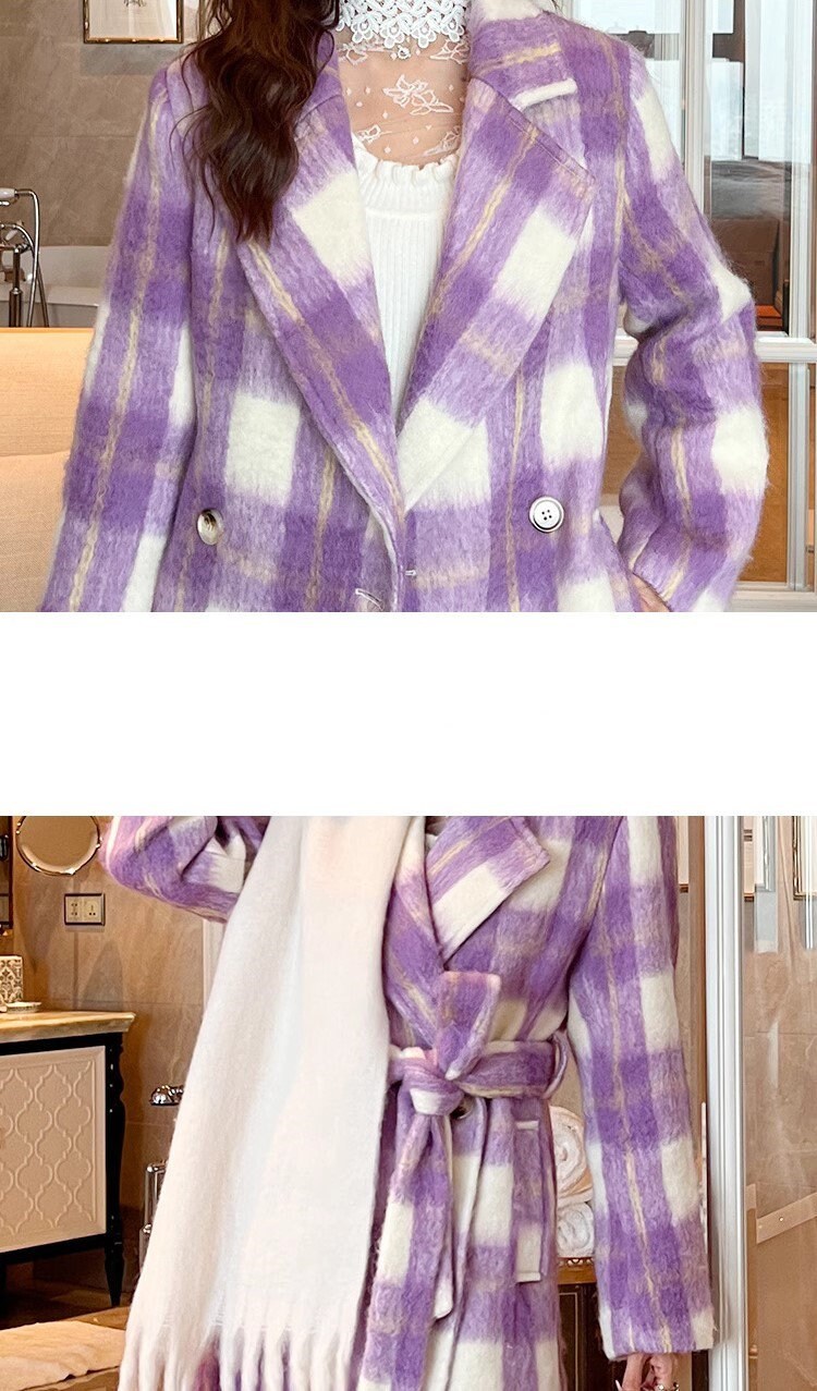 Double-breasted checkered trench coat, wool-blend tweed long coat designer winter falls coat formal smart casual office coat outdoors duster