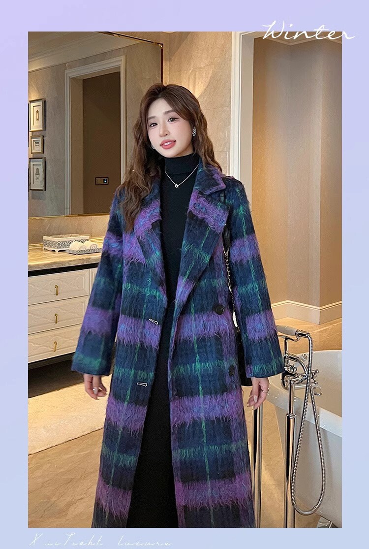 Double-breasted checkered trench coat, wool-blend tweed long coat designer winter falls coat formal smart casual office coat outdoors duster