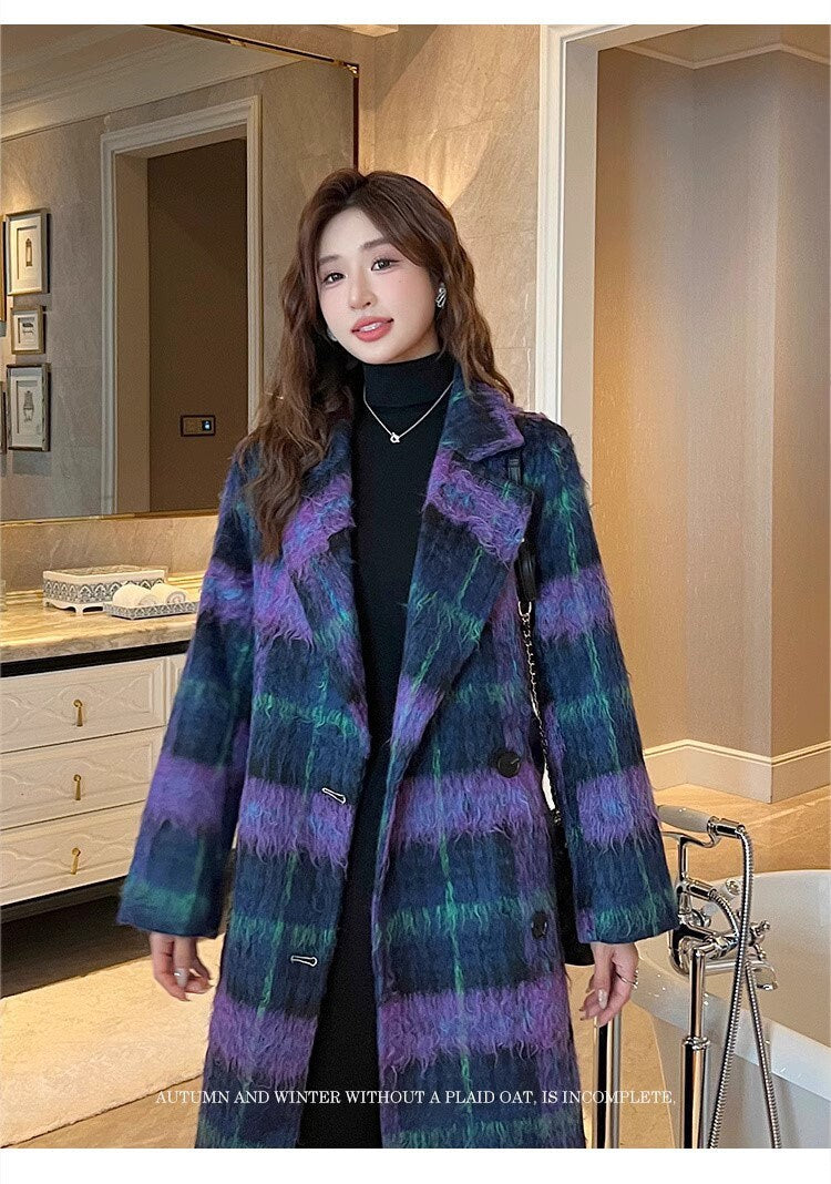 Double-breasted checkered trench coat, wool-blend tweed long coat designer winter falls coat formal smart casual office coat outdoors duster