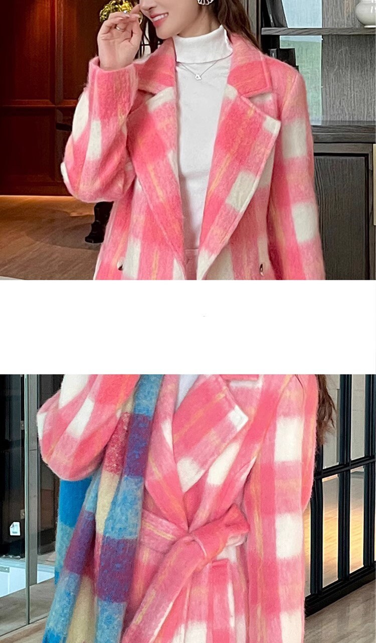 Double-breasted checkered trench coat, wool-blend tweed long coat designer winter falls formal smart casual office pink coat outdoors duster