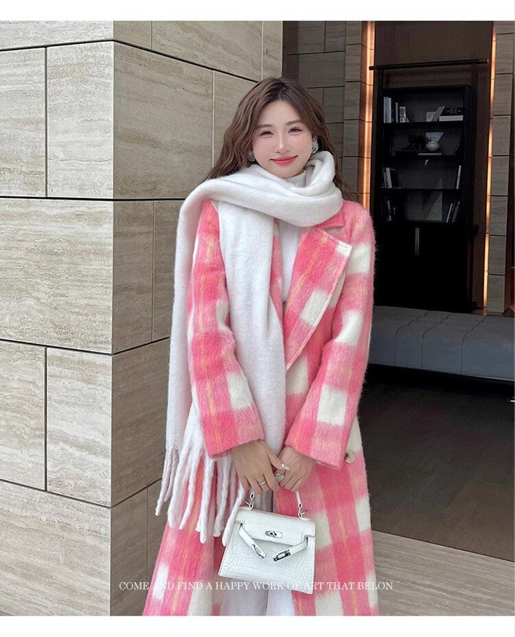 Double-breasted checkered trench coat, wool-blend tweed long coat designer winter falls formal smart casual office pink coat outdoors duster