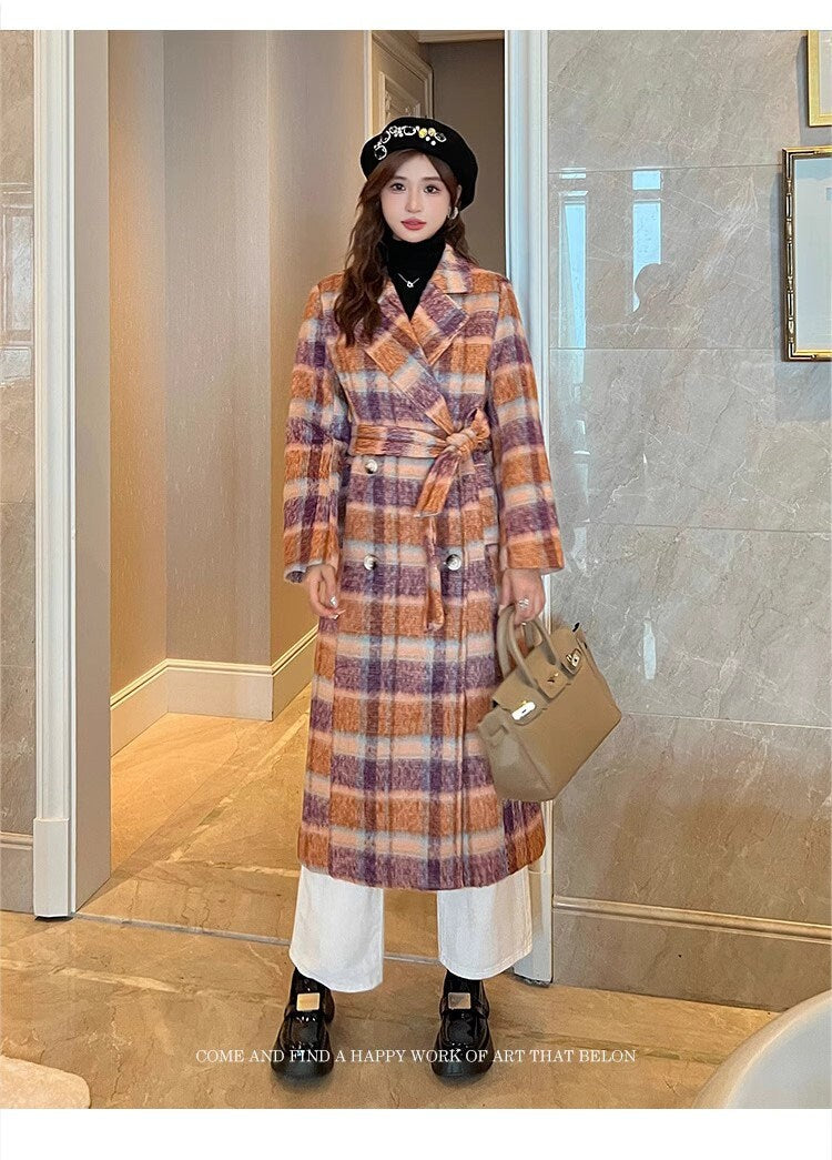 Double-breasted checkered trench coat, wool-blend tweed long coat designer winter falls coat formal smart casual office coat outdoors duster