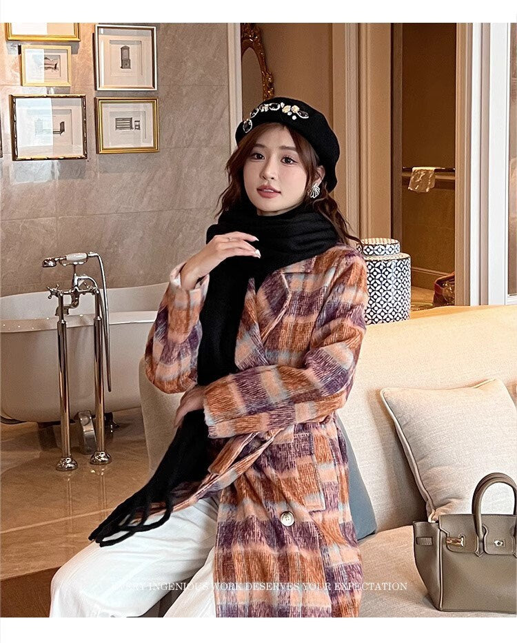 Double-breasted checkered trench coat, wool-blend tweed long coat designer winter falls coat formal smart casual office coat outdoors duster