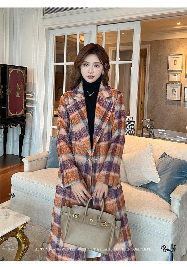 Double-breasted checkered trench coat, wool-blend tweed long coat designer winter falls coat formal smart casual office coat outdoors duster