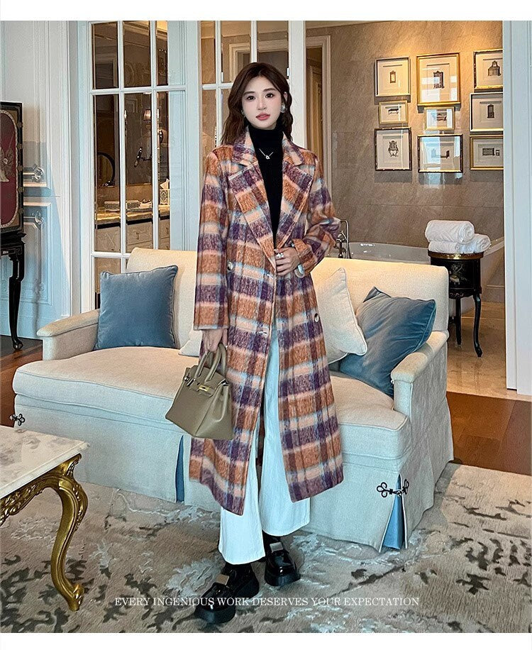 Double-breasted checkered trench coat, wool-blend tweed long coat designer winter falls coat formal smart casual office coat outdoors duster