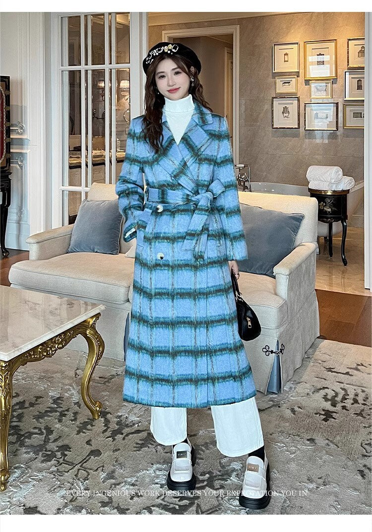 Double-breasted checkered trench coat, wool-blend tweed long coat designer winter falls blue coat formal smart casual office outdoors duster