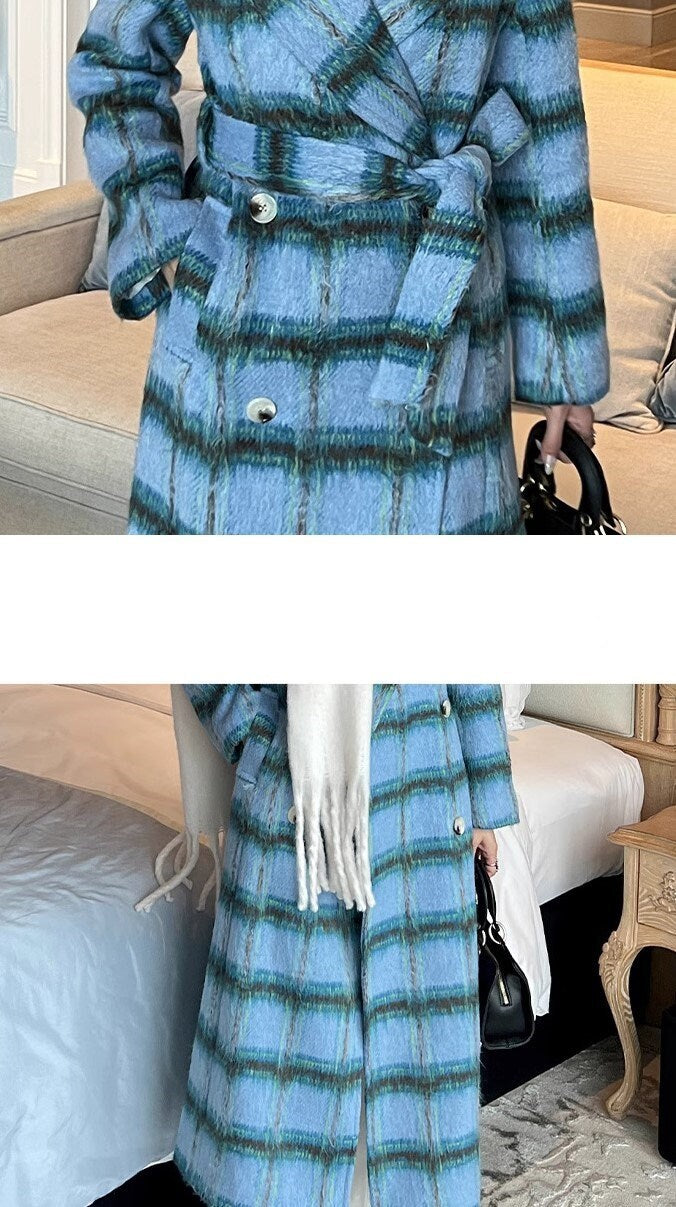 Double-breasted checkered trench coat, wool-blend tweed long coat designer winter falls blue coat formal smart casual office outdoors duster