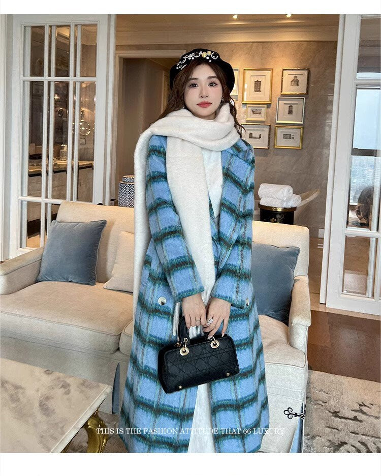 Double-breasted checkered trench coat, wool-blend tweed long coat designer winter falls blue coat formal smart casual office outdoors duster