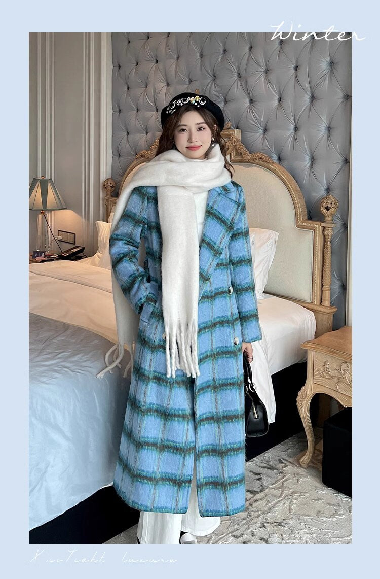 Double-breasted checkered trench coat, wool-blend tweed long coat designer winter falls blue coat formal smart casual office outdoors duster