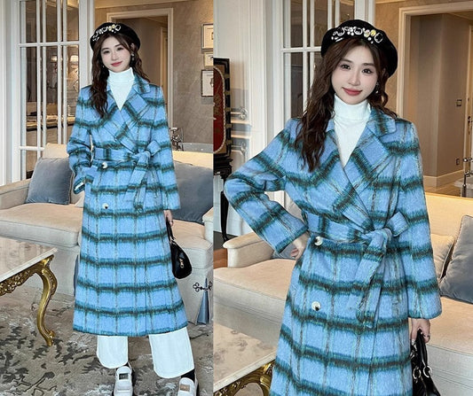 Double-breasted checkered trench coat, wool-blend tweed long coat designer winter falls blue coat formal smart casual office outdoors duster