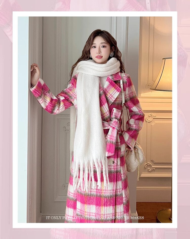 Double-breasted checkered trench coat, wool-blend tweed long coat designer winter falls coat formal smart casual office coat outdoors duster