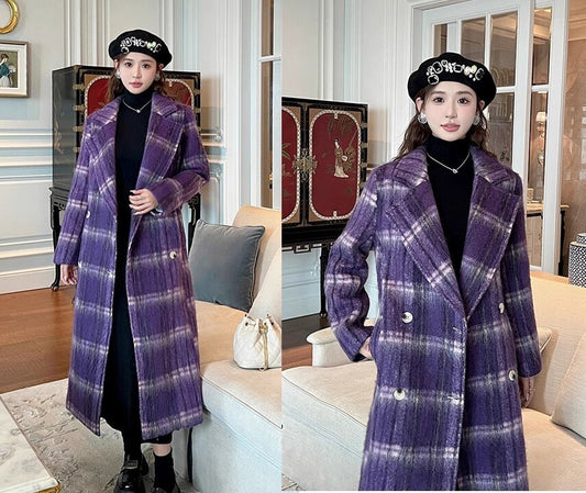 Double-breasted striped trench coat, wool-blend tweed long coat designer winter falls purple coat formal smart casual office outdoors duster