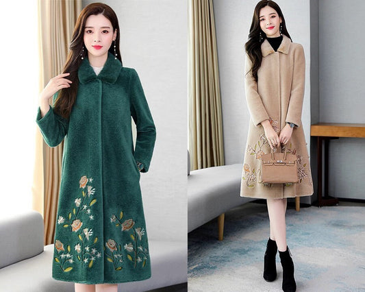 Floral embroidery wool trench coat, designer woman green/ light brown fur long coat, Smart Causal/ Party Event/ Prom Wedding/Gift