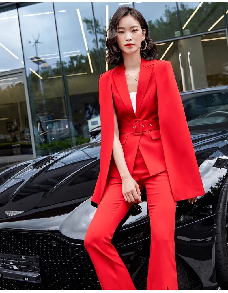 Red/ Black/ Beige Cape Blazer Pantsuit, Designer Woman slim cut blazer + pants Celebrities Formal Event Wedding Party suit set