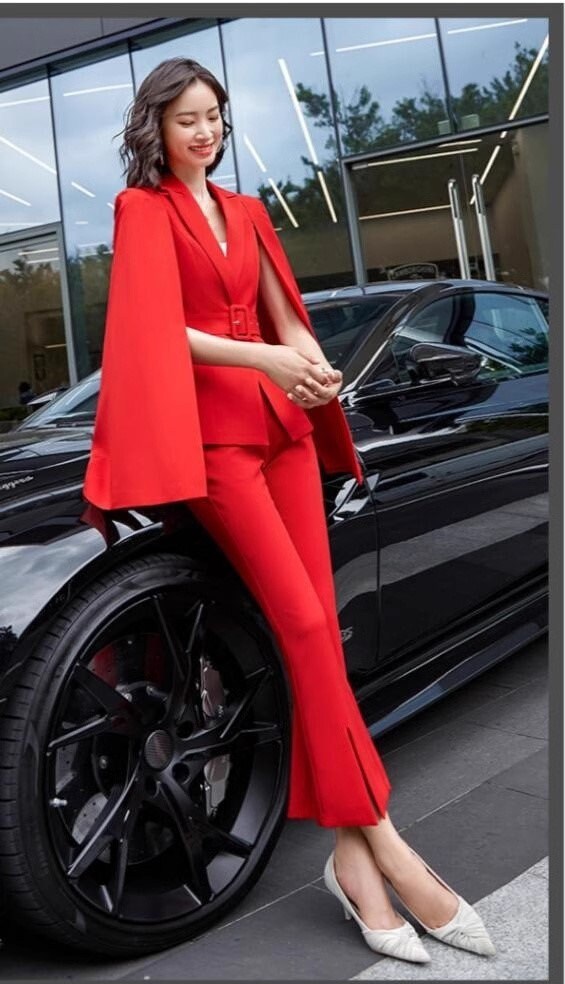 Red/ Black/ Beige Cape Blazer Pantsuit, Designer Woman slim cut blazer + pants Celebrities Formal Event Wedding Party suit set