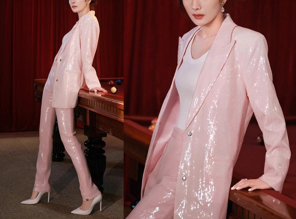 Pink Sequin Layer Pant Suit, Designer Woman Shiny Suit Jacket + Pant Set Casual/ Formal/ Party/ Wedding suit set Gift for her